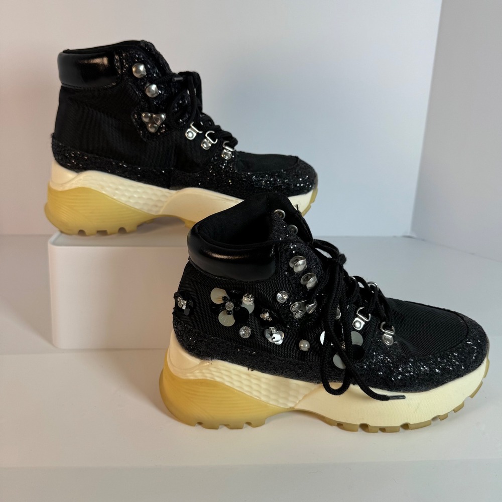 Betsey Johnson Abel Black Glitter Floral Embellished Platform Hiking Boots 7M